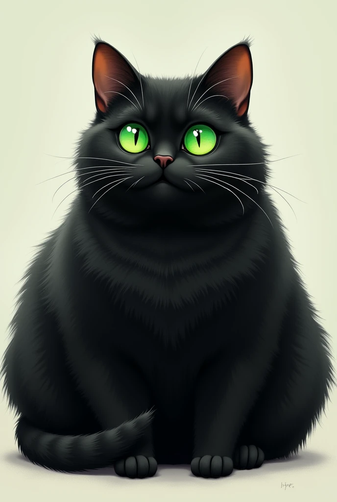 Create an illustration of a fat black cat with green eyes