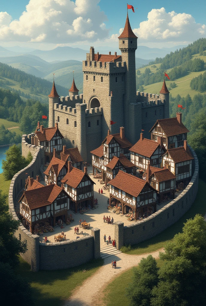 Medieval town, with wall around it, and a fort in the middle
