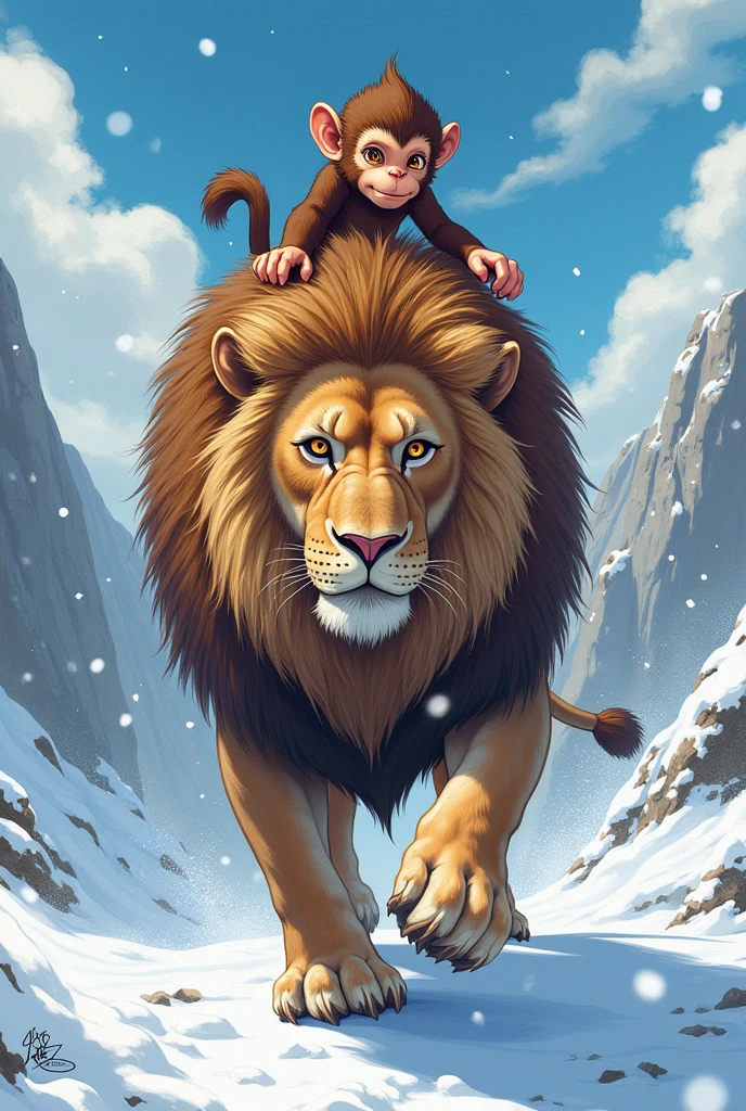 A monkey riding a lion in the snow in manga