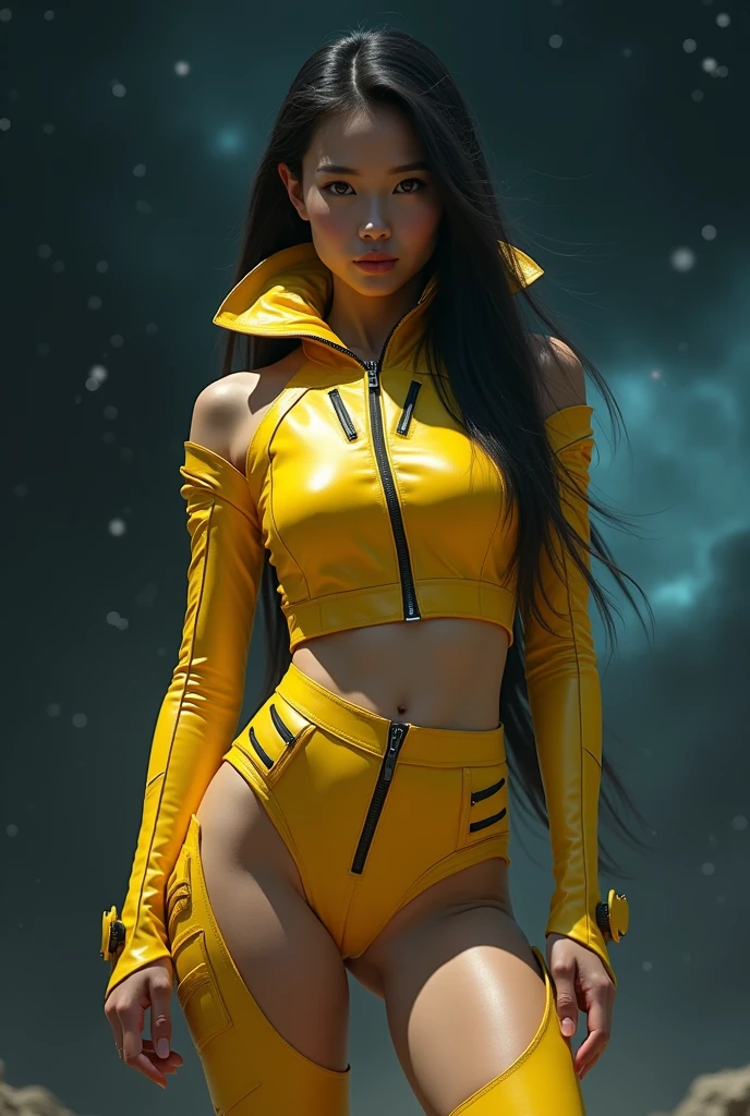 A futuristic maximalist stunning physical slender muscular Asian woman wearing yellow leather short cosplay cyberpunk with a silky long hairstyle, dark space