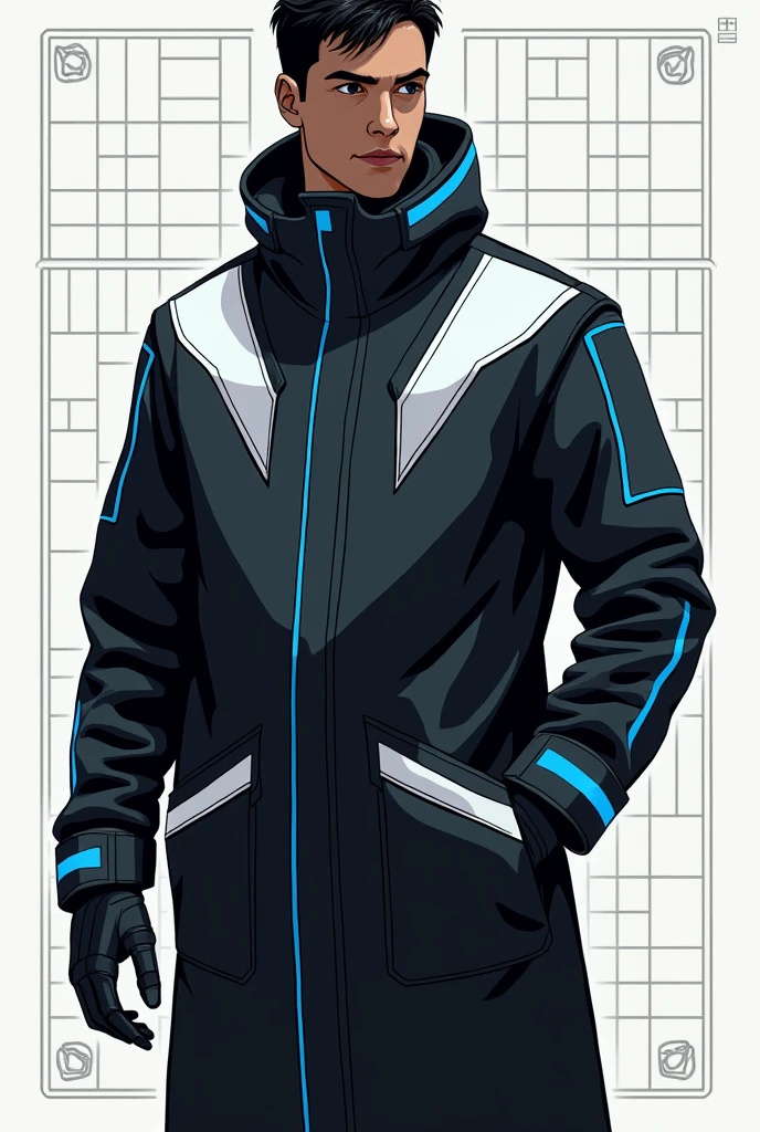 Illustrate a futuristic trench-style jacket with a high collar, designed in a flat, technical style. The jacket should be mainly black (75%), with white sections (15%) on the upper chest and shoulders to create a striking contrast. Blue lines (10%) should trace the edges of the collar, pockets, and cuffs. The design should focus on straight lines and structured shapes. Display the jacket in a three-quarter view on a schematic grid background, highlighting the clean, minimalistic design.make for man