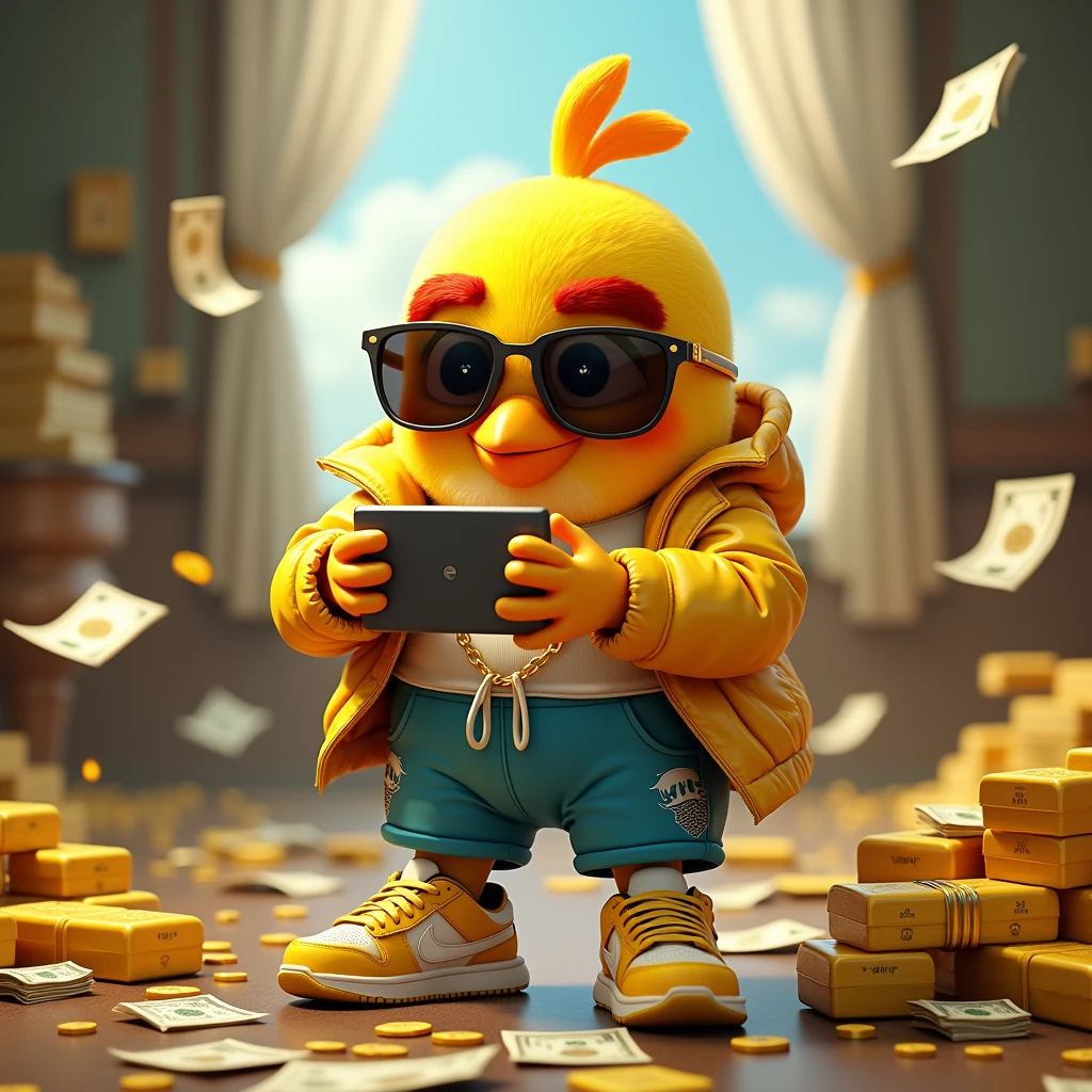 Crie um personagem estilo Angry Birds, with sunglasses, with yellow jacket, blue shorts with white details, gold colored sneakers with white details, playing your own game on the computer, around many bundles of money scattered, with gold bars