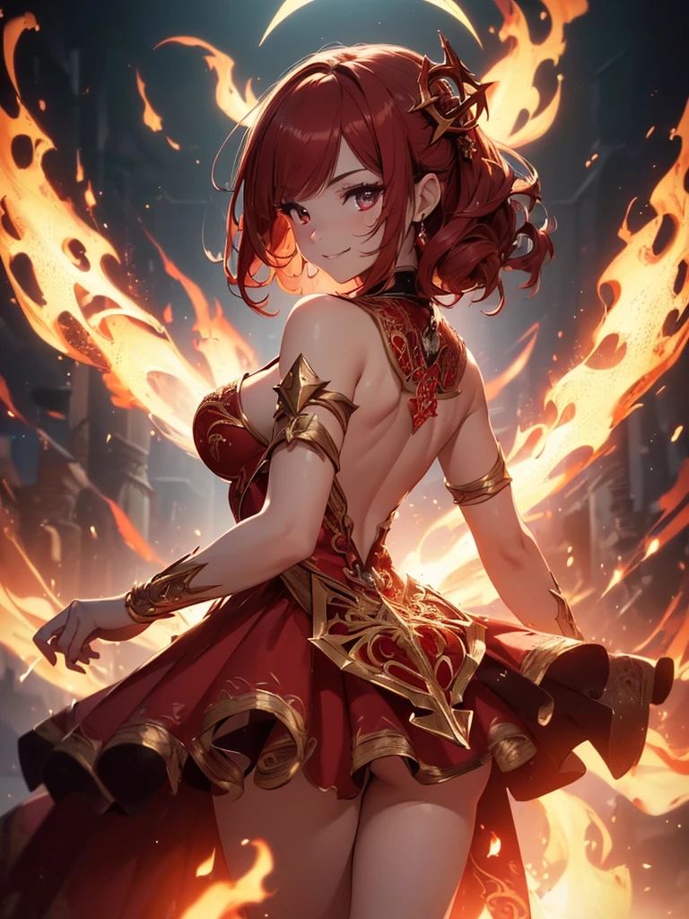 (((best quality, sharp image, clear image, cinematic lighting, 8k resolution, masterpiece, ultra detailed, intricate))) Girl, sorcerer, cute, intricate dress, smiling, fiery red, ((intricate background)), (rune frame), dimension, ((shot from behind)), fire sigils, chaotic background, ((half-body shot))