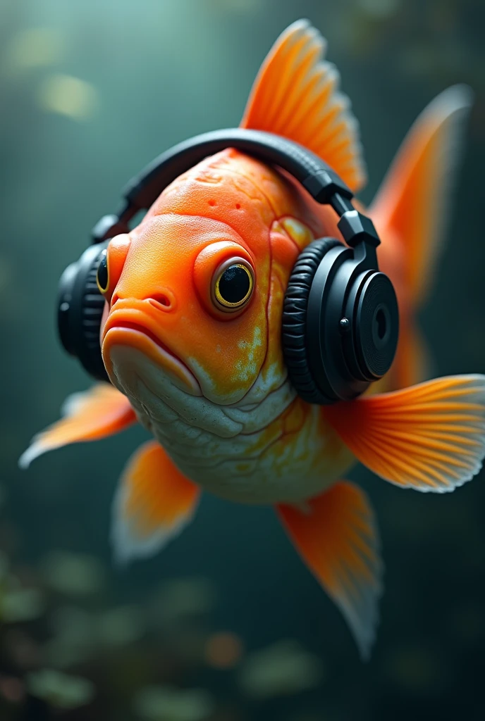 Serious looking fish with headphones