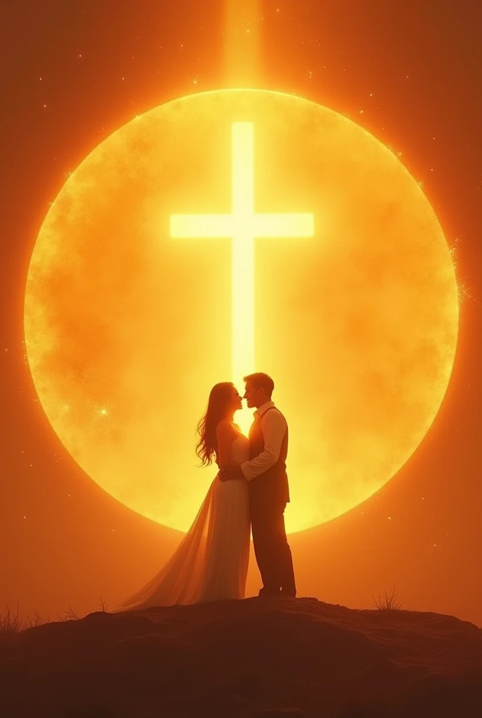 Couples with Christ being light in the world inside an orange circle containing a cross and a lot of light that radiates in the world 
