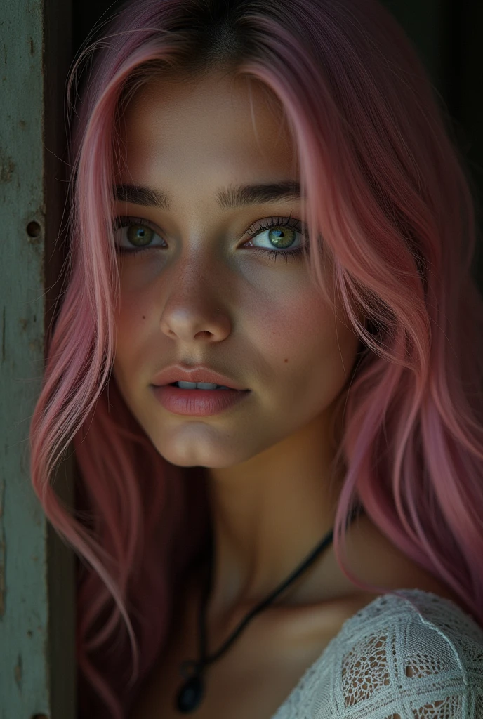 a dark green eyed Indian age girl with light pink hair