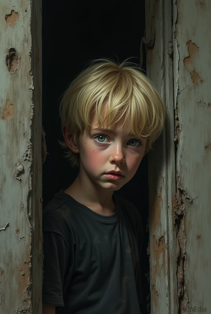 Realistic drawing of an boy, blond hair green eyes, with a black shirt, Peeking out of the door of his black and worn room, with a scared and sad expression, all dark at night