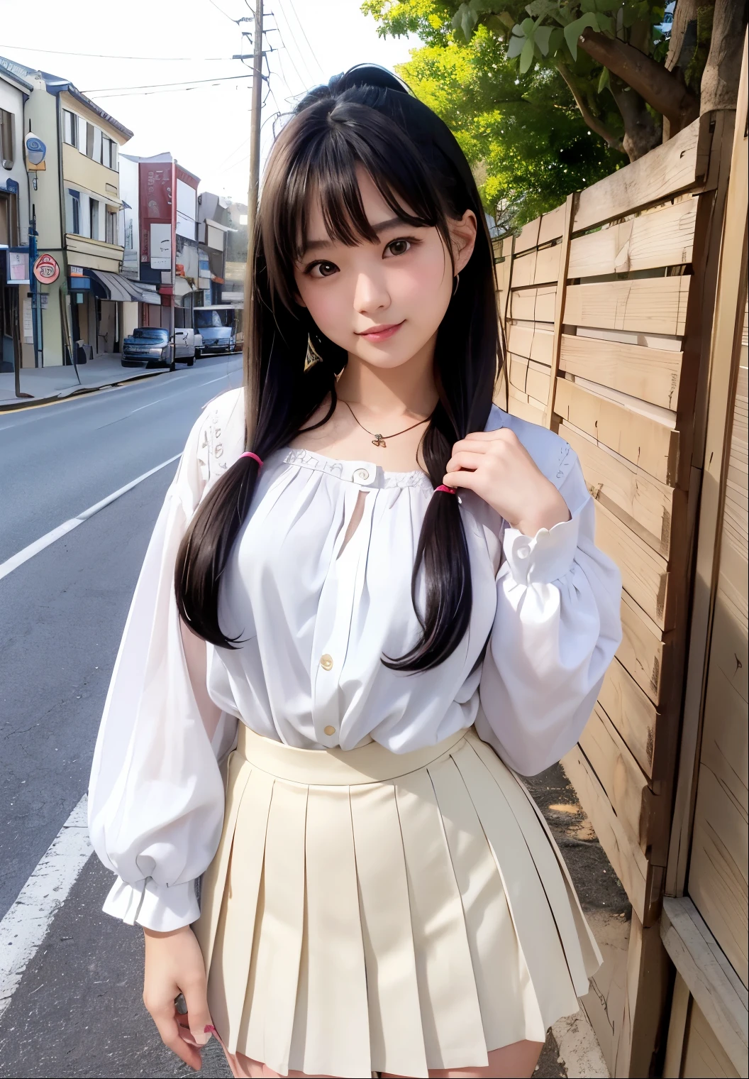 (Highest quality,masterpiece:1.3,Ultra-high resolution),(Very detailed、Caustics) (Realistic:1.4, RAW shooting、)Ultra-Realistic Capture、Very detailed、Natural skin texture、masterpiece、(Japanese woman wearing a white blouse and pleated skirt:1.3), Adorable expression、Expressions of happiness、height: 145cm、、Amazingly cute、Twin tails、Straight hair、Scrunchie、Black Hair、light makeup、necklace、G-cup busty、Shining thighs、Background details、smile、An inviting gaze、Anatomically correct、Cowboy Shot、Attention to detail、The photo was taken on the main street of the tourist spot.、Empty Hands、