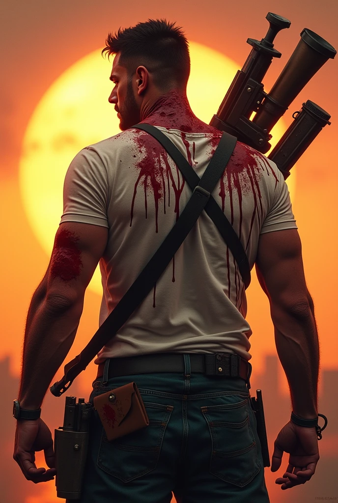 A guy with guns and swords over his shoulder, facing the sun with a back pose towards the viewer and with slight head turn, looks fiercely...
He is wearing a white T-shirt which turned red with heavy  blood stains and blood dripping from multiple wounds all over his body