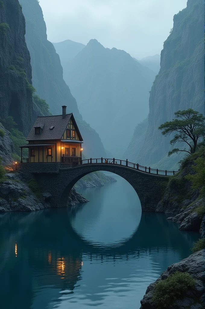 Lake inside a volcano with a bridge above and a house in the middle of the bridge
