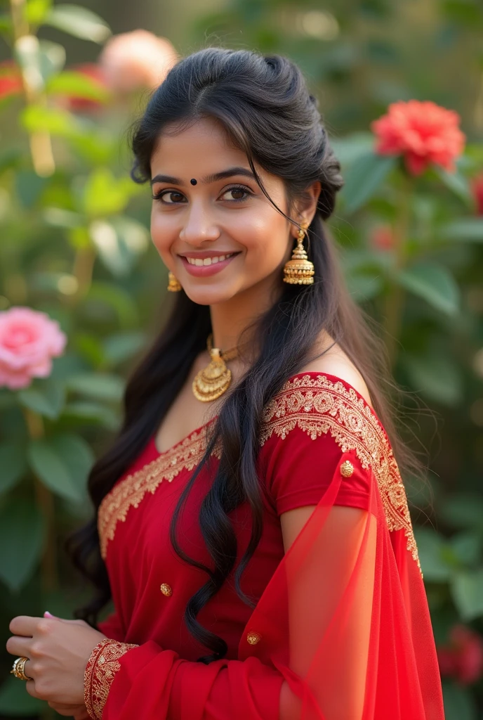A 14 Indian women, in a red designer transparent saree,beautyfull face,light skin color,shy smile,looking at viewer,jhumka in ears,poney tail hair style,day light,glowing skin,black bindi in her forhead,flower garden background,full body,8k,ultra detailed