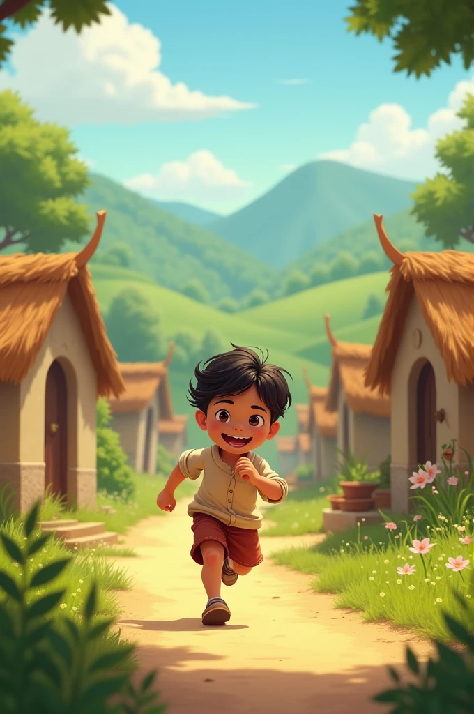 In a small village, there lived a boy named Rahul. He was very mischievous, but his heart was like gold." Visuals: Show a peaceful village with small huts. Focus on a young boy, Rahul, running around playfully, with a mischievous smile on his face.