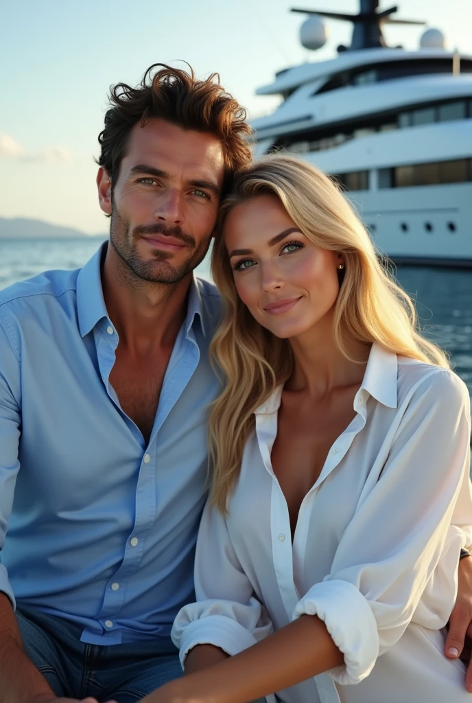 (Photorealism:1.2), man with brown eyes and brown escuro hair wearing camisa social azul claro Fred Perry  with his blonde wife green eyes long hair  usando camisa social Ralph Lauren branca on a yacht 8k ultra realistic photorealistic super detailed o melhor possível 