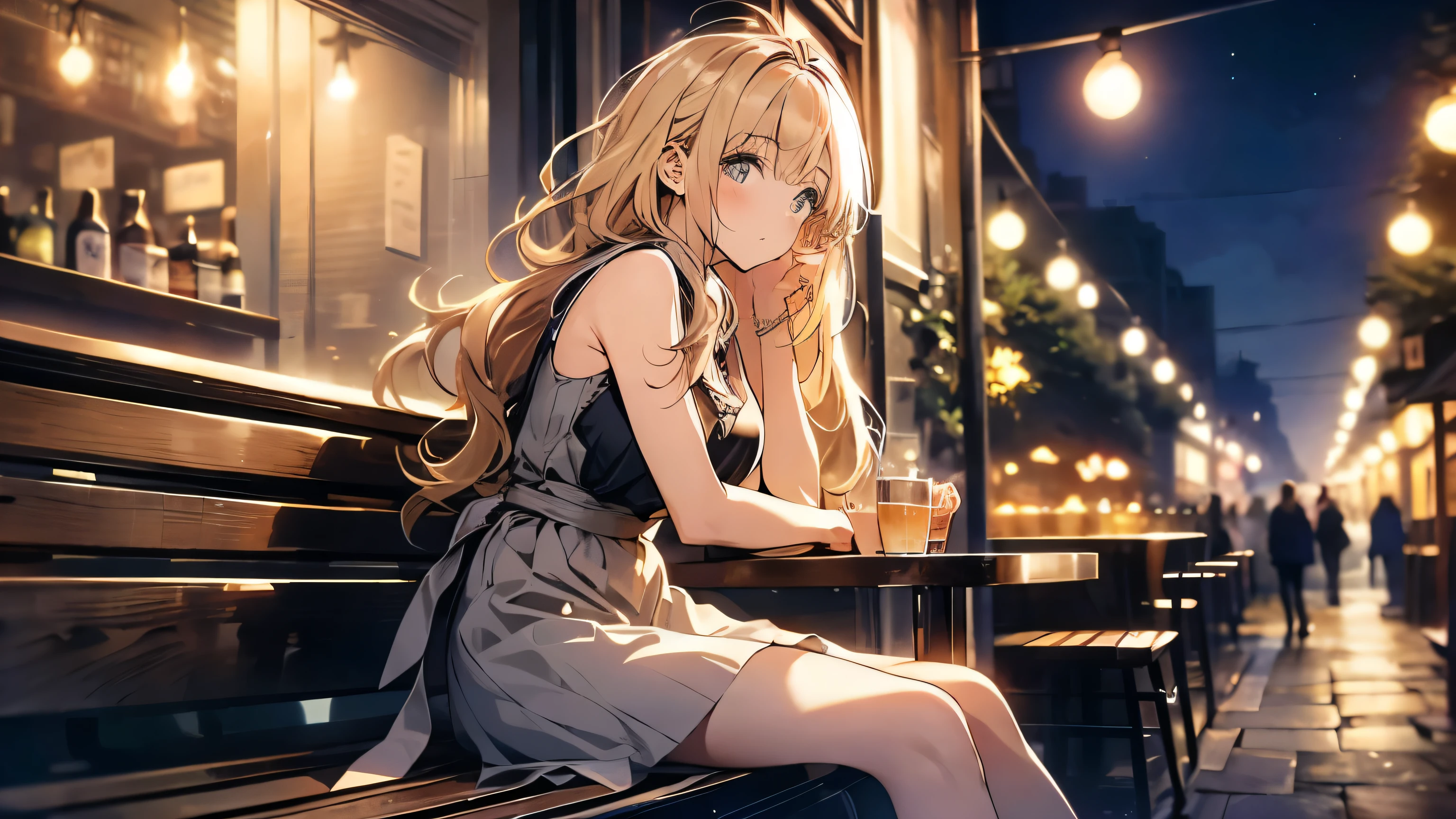 high resolution、Gazing at the sky、Young woman with long, messy, windblown blonde hair、The woman is wearing a sleeveless dress, mini skirt、A sad expression、A woman sits alone at an outdoor cafe at night, The warm glow of street lamps and the interior lights of the cafe illuminate the scene., Many stores are closing and it's getting dark、Reflection on a wooden table, The overall atmosphere is calm、It's a bit depressing,She is gazing pensively into the distance、. She has an air of quiet contemplation., In the background is a street lined with shops,And the night sky above is clear、Some stars are visible.