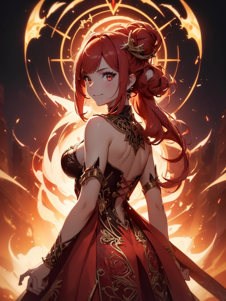 (((best quality, sharp image, clear image, cinematic lighting, 8k resolution, masterpiece, ultra detailed, intricate))) Girl, sorcerer, cute, intricate dress, smiling, fiery red, ((intricate background)), (rune frame), dimension, ((shot from behind)), fire sigils, chaotic background, ((half-body shot))