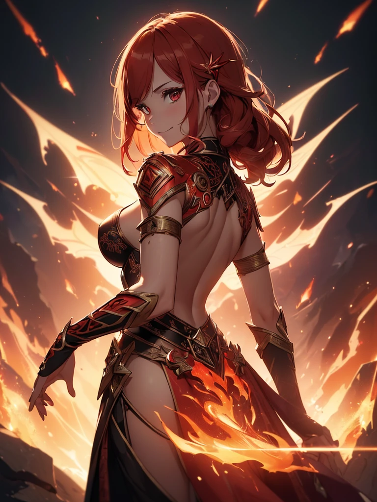 (((best quality, sharp image, clear image, cinematic lighting, 8k resolution, masterpiece, ultra detailed, intricate))) Girl, sorcerer, cute, intricate dress, smiling, fiery red, ((intricate background)), (rune frame), dimension, ((shot from behind)), fire sigils, chaotic background, ((half-body shot))