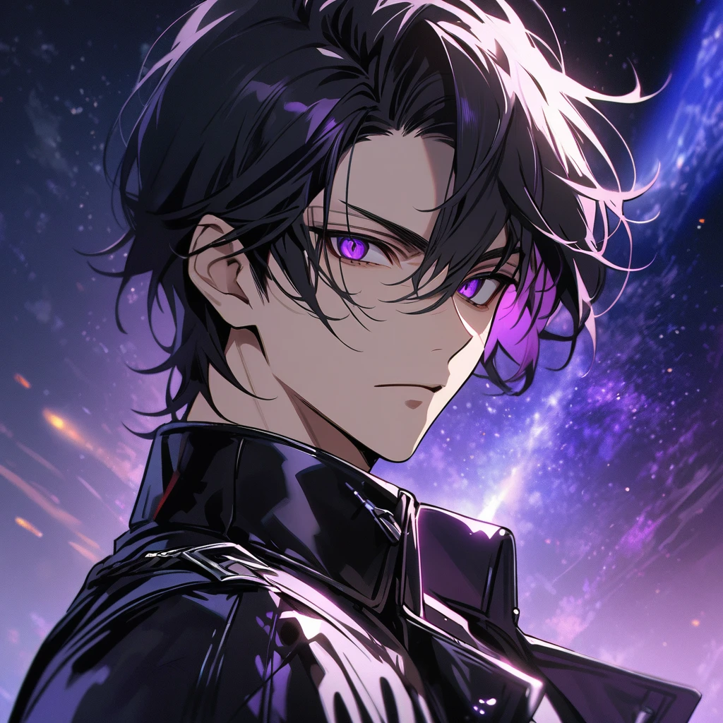 High quality, HD, 4k, no shadows, handsome male, handsome, extremly handsome, 1male, 1 male, ager, pure black hair, short black hair, dark hair, black hair, jet black hair, sharp eyes, deep purple colored eyes, dark purple colored eyes, deep violet eyes, violet eyes, devil may cry, close up, calm expression, stoic expression, black leather clothes, black leather clothing, leather clothing, lean body, well trained body, upper body, looking at viewer, cowboy shot, white solar, space background