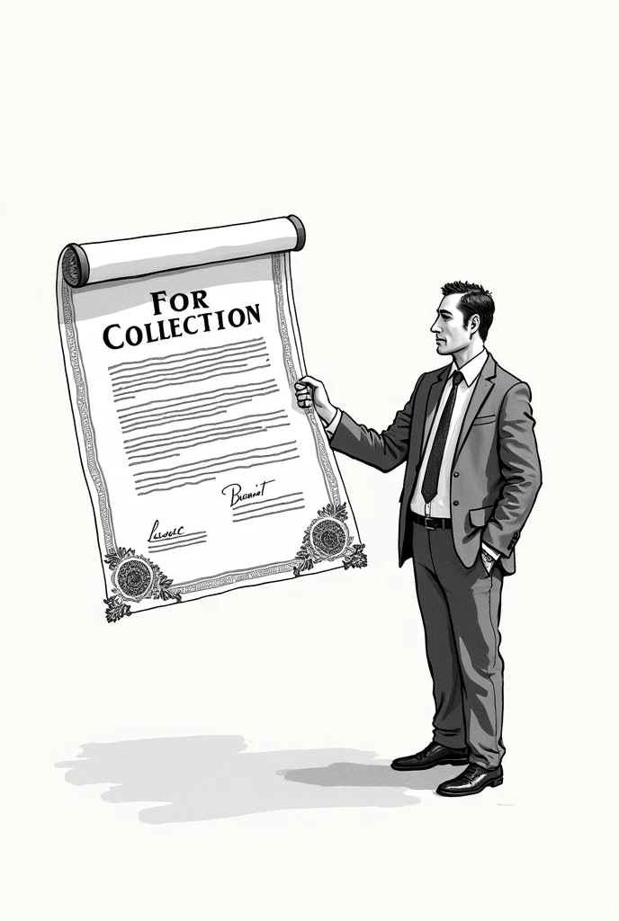 Uncolored drawing of a document with the phrase “for collection” and a figure representing a collector presenting the document for payment.