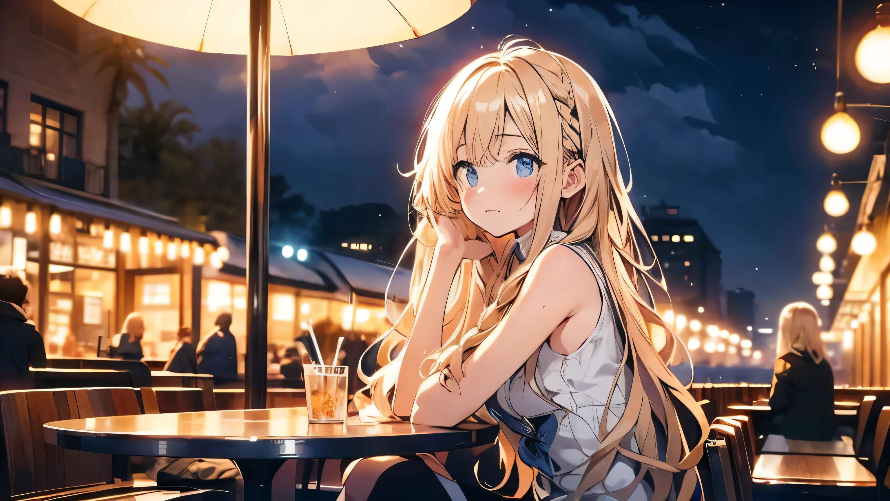 high resolution、Gazing at the sky、Sad face、Young woman with long, messy, windblown blonde hair、The woman is wearing a sleeveless dress, Bodycon、mini skirt、A sad expression、A woman sits alone at an outdoor cafe at night, The warm glow of street lamps and the interior lights of the cafe illuminate the scene., Many stores are closing and it's getting dark、Earrings、Reflection on a wooden table, The overall atmosphere is calm、It's a bit depressing,She is gazing pensively into the distance、. She has an air of quiet contemplation., In the background is a street lined with shops,And the night sky above is clear、Some stars are visible.