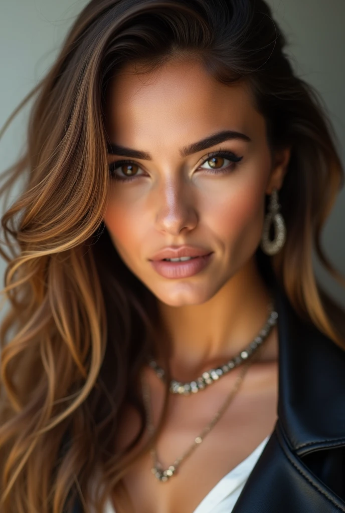 A Brazilian woman with long hair, wavy and light brown.
eyeballs: Big and brown.
Skinned: light brunette.
muka: Oval with highlighted cheekbones.
styled: modern and stylish, with fashionable clothes and accessories such as earrings and necklaces.