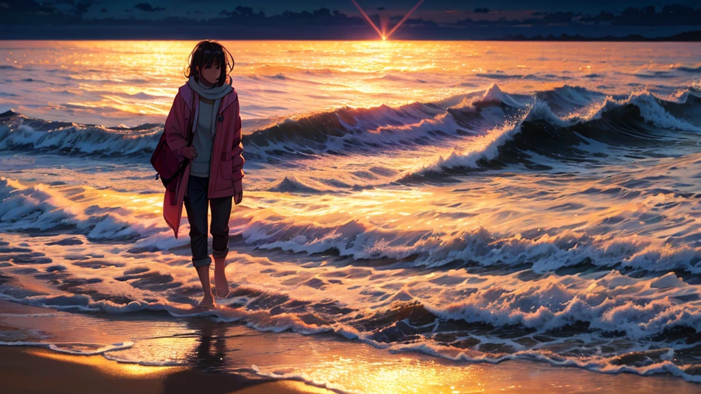 A person walking along the beach at dusk. The sky is tinged with orange and pink as the sun sets on the horizon. The scene conveys a sense of tranquility and peace, with gentle waves breaking on the sand and the sea breeze.
