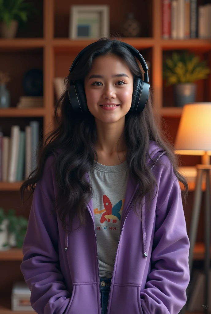 I need a beautiful picture, the description below:
A young woman with long black hair is smiling softly while wearing large over-ear headphones. She is dressed casually in a purple hoodie over a graphic t-shirt, and she stands against a warm, inviting background filled with shelves displaying various items, such as books and decorative pieces. The setting gives off a cozy, modern vibe, suggesting she might be enjoying music, a podcast, or perhaps recording audio content in a comfortable environm