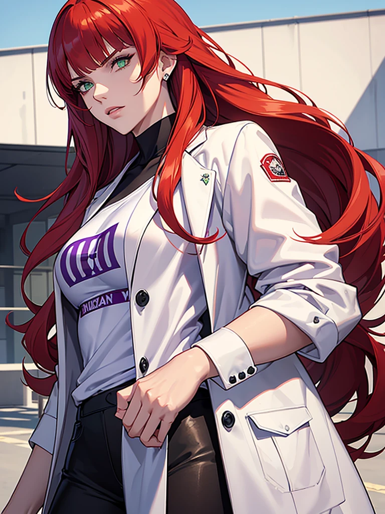 green eyes, red hair with long bangs, noble. wavy long hair. strong woman. she quiet. wear purple t shirt. dominant woman. mafia. mature woman. girl boss. badass woman. gangster. hair so long have bangs. gangster. wear winter white jacket. red hair. ponytail