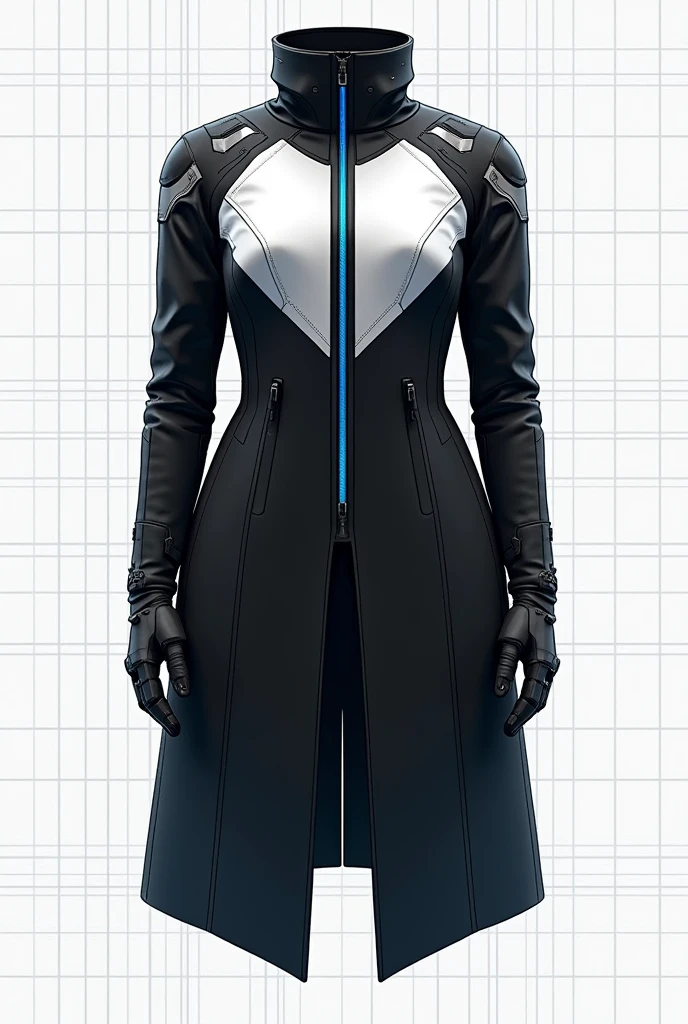 Design a futuristic, long jacket with a high collar, inspired by tactical gear. The jacket should use 75% black as the base color, incorporating 15% white panels across the chest and shoulders. Include 10% blue detailing on the zipper lining, shoulder patches, and cuffs. The hem should be slightly extended, creating a modern, sleek silhouette. Present the design from the front view, with a focus on clean lines and geometric precision, on a grid layout to maintain a technical, schematic style