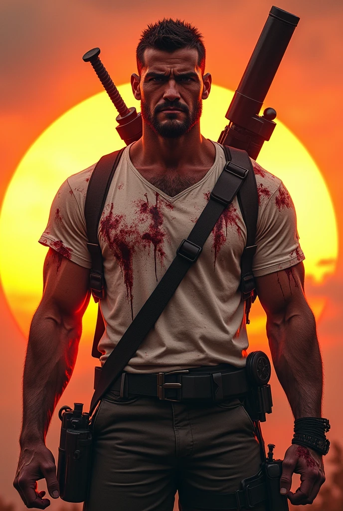A guy with guns and swords over his shoulder, facing the sun with a back pose towards the viewer and with slight head turn, looks fiercely...
He is wearing a white T-shirt which turned red with heavy blood stains and blood dripping from multiple wounds all over his body