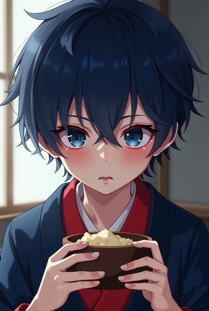A boy. Japanese, pale skin, dark hair and blue indigo eyes with a traditional kimono and red eyeliner.
He has dark blue eyes framed with red eyeliner, fair skin, and short midnight blue hair in ear-lenght, with choppy bangs falling over his eyes.
The kimono is navy blue and red
His skin is extremely pale
He is eating and crying