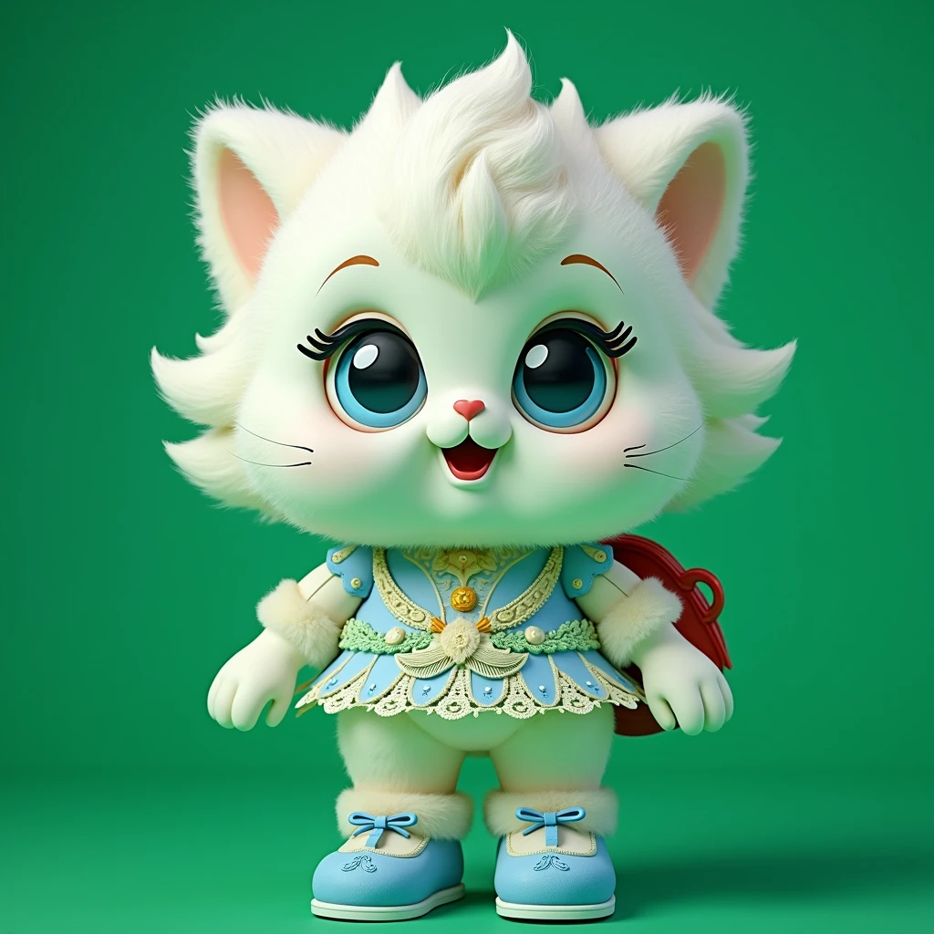 plush very fluffy cat, White wool, like a stoat, Stands on its hind legs, in a dark blue lace dress,blue shoes, red bag, blue doll eyes with big eyelashes, smiles with open mouth, speaks, moves his paws, spreading out the sides, 3D стиль, 8k , 4K, HD, clean background, style, I guess, votive