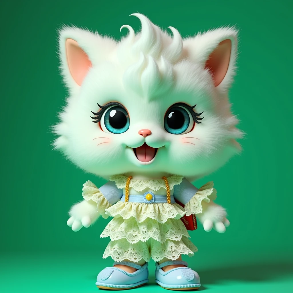 plush very fluffy cat, White wool, like a stoat, Stands on its hind legs, in a dark blue lace dress,blue shoes, red bag, blue doll eyes with big eyelashes, smiles with open mouth, speaks, moves his paws, spreading out the sides, 3D стиль, 8k , 4K, HD, clean background, style, I guess, votive