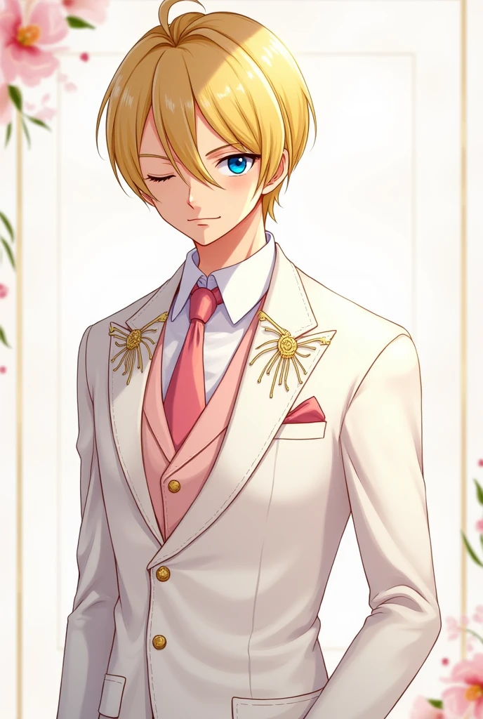 Create a One Piece character in Sanji fanart, a man with blue eyes, blond hair with chin length, covering his right eye, with swirly eyebrows, Elegant white and blush wedding suit, but with eyes closed