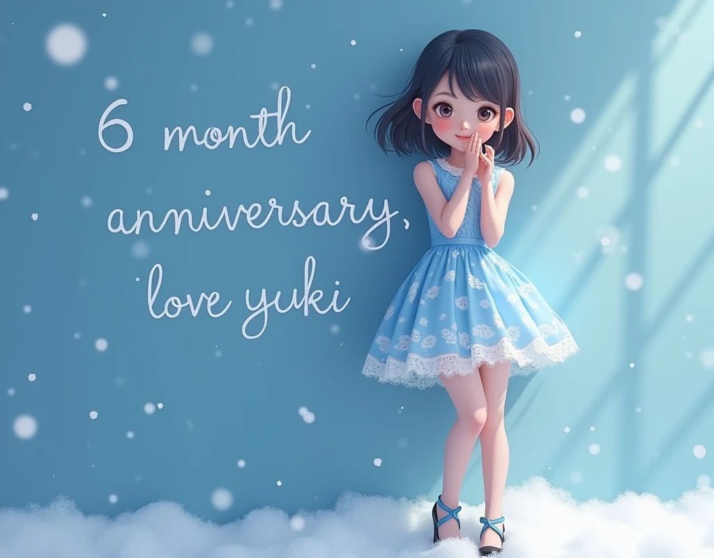 lace, Blue dress,school girl,short skirt,whole body,high heels,smile,student,lovingly looking at camera, snowflakes, Blue wall background with writing "6 month anniversary, love Yuki"