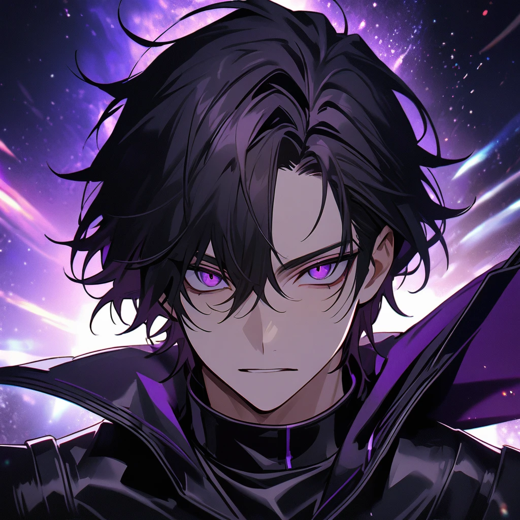 High quality, HD, 4k, no shadows, handsome male, handsome, extremly handsome, 1male, 1 male, ager, pure black hair, short black hair, dark hair, black hair, jet black hair, sharp eyes, deep purple colored eyes, dark purple colored eyes, deep violet eyes, violet eyes, devil may cry, close up, calm expression, stoic expression, black leather clothes, black leather clothing, leather clothing, lean body, well trained body, upper body, looking at viewer, cowboy shot, white solar, space background