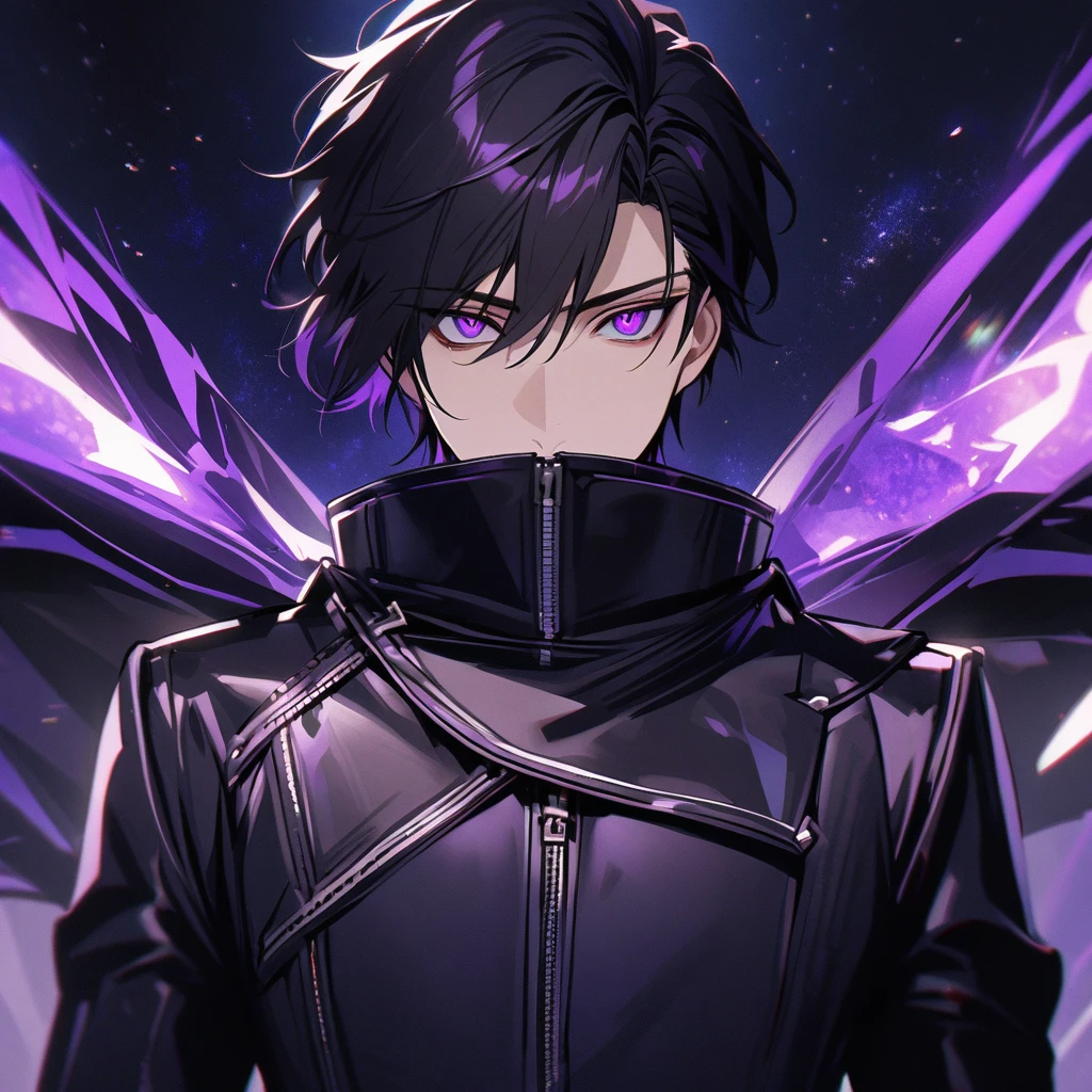 High quality, HD, 4k, no shadows, handsome male, handsome, extremly handsome, 1male, 1 male, ager, pure black hair, short black hair, dark hair, black hair, jet black hair, sharp eyes, deep purple colored eyes, dark purple colored eyes, deep violet eyes, violet eyes, devil may cry, close up, calm expression, stoic expression, black leather clothes, black leather clothing, leather clothing, lean body, well trained body, upper body, looking at viewer, cowboy shot, white solar, space background