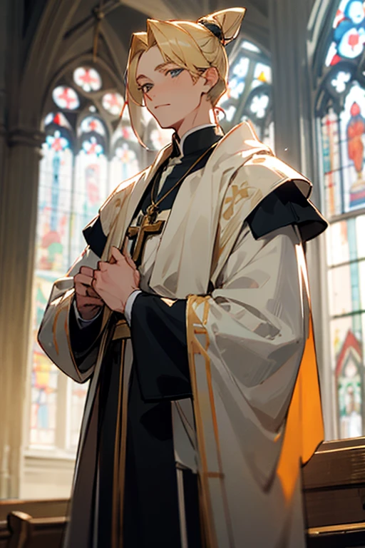 Human,priest at the cathedral, blonde hair,white ry,male,young adult,hair in a man bun