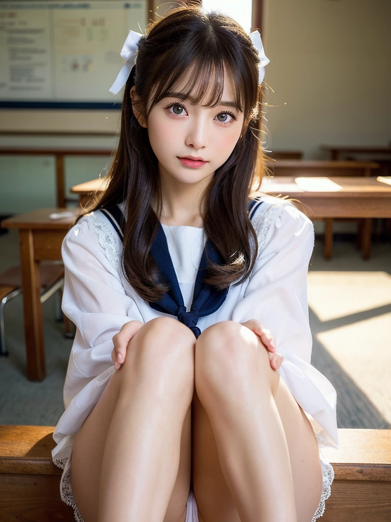 Highest quality、Face Focus、Soft Light、Ultra-high resolution、(Photorealistic:1.4)、RAW Photos、 1 Japanese Girl、solo、cute、(pupil、Eye light)、Detailed beautiful face、(High resolution detail of human skin texture)、 (Long Hair)、 Sailor suit,M-shaped legs,whole body,classroom、Lace 、See-through