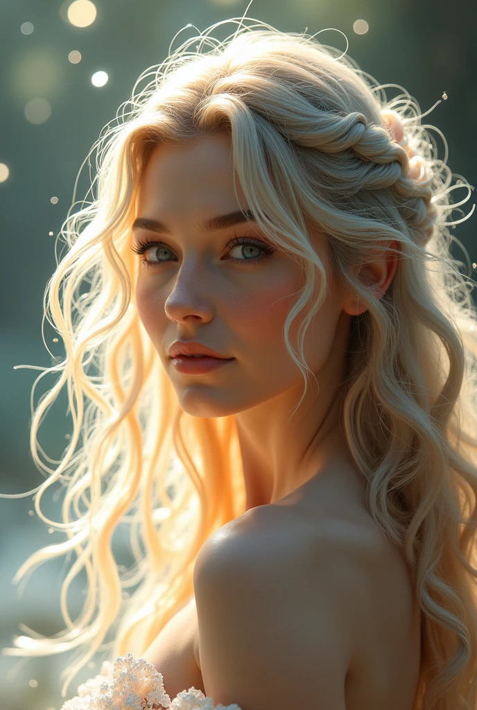 Seraphina is a stunning beauty, combining both the celestial elegance of her father Raphael and the earthly wildness of her mother Elena. Her hair is a mesmerizing mix of Elena's silver-blonde locks and Raphael's shimmering gold. It flows over her shoulders like liquid light, glowing in different shades depending on how the light hits it - sometimes more silver, sometimes more golden, as if reflecting the colors of the sky. Her hair is long and wavy, a wild mane that she often ties in a simple braid when she goes on missions.

Her eyes are the most striking feature. They are the intense blue, but with a silvery sheen. Her eyes exude an aura of wisdom and strength, but also a certain vulnerability.

Her skin is pale, almost ivory, like Raphael's, yet it has the warm, vibrant undertone that makes her appear alive and radiant, reflecting her human side. Her facial features are a perfect blend of both her parents - high cheekbones, a gently curved mouth and a straight, noble nose. But her forehead and the shape of her eyebrows betray her mother's bold determination.
