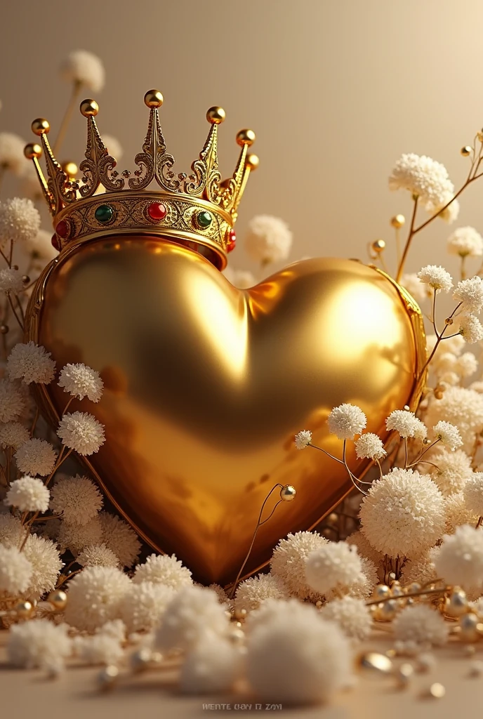 A crooked heart( distorted) 3D gold with a glamorous crown in the corner of the heart, with gypsophila flowers in the background