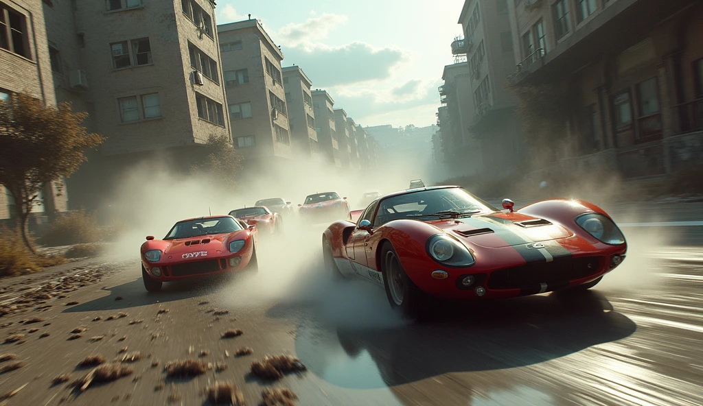 Car race, lots of broken houses in the background