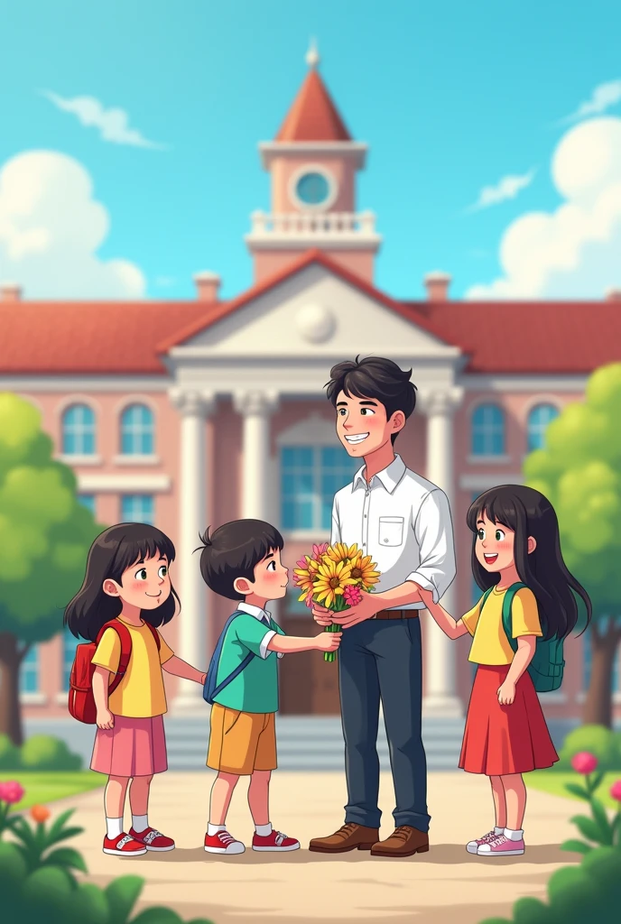 Photo for Education Day.We need a photo of the teacher and 1st grade students in classic clothing with multi-colored clothes standing happily in front of the school .The school needs to look big.The moment when the student gives flowers to the teacher.The types of people must be with cartoon characters