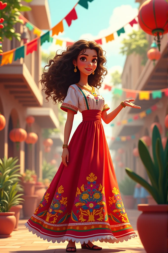 Artificial image of a girl dressed as a Mexican and with arrangements for September 15th with curly hair and named Alba