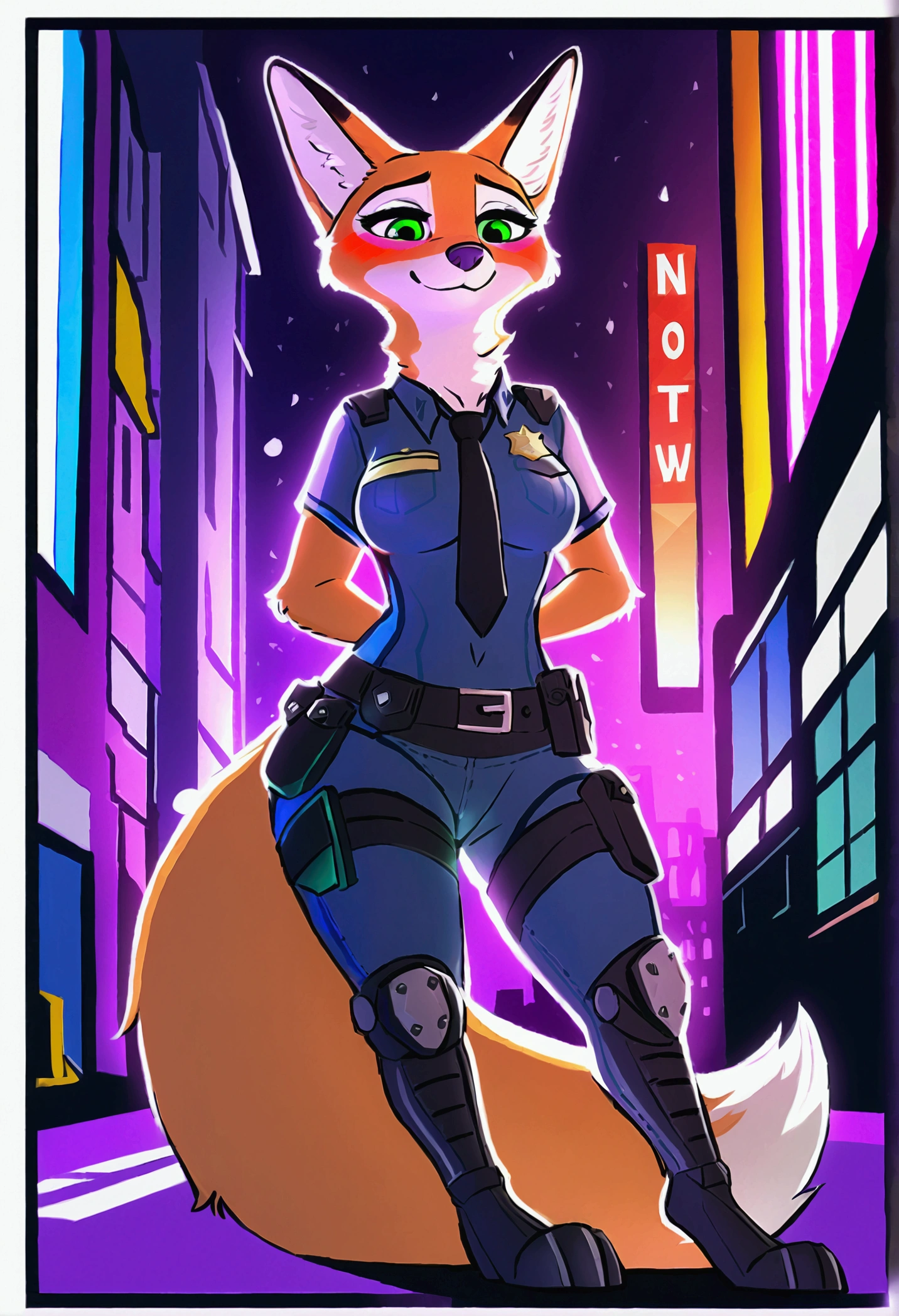 (top quality, best quality, High-quality illustrations, masterpiece, 16k, 1080p, uploaded on e621)(kemono, furry, anthro, alone), round, 1 female, hot mother figure, very detailed body face and eyes, fox, Nick Wildes, (Zootopia), fur, fluff, average breasts, tail, perfect eyes, green eyes, beautiful police clothes, police legwear, beautiful night in city, body movement, body twitching, shy smile, red blushing,