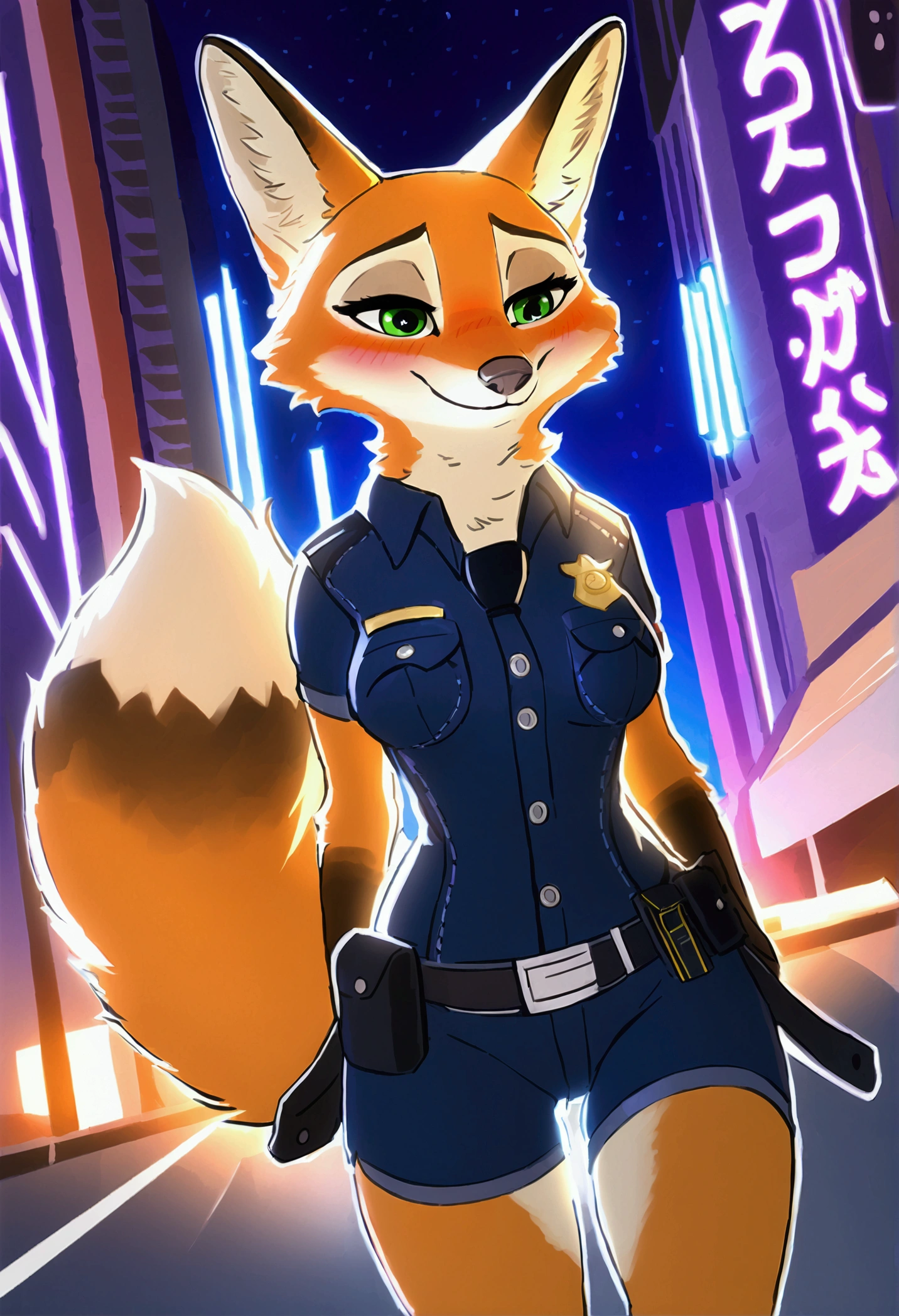 (top quality, best quality, High-quality illustrations, masterpiece, 16k, 1080p, uploaded on e621)(kemono, furry, anthro, alone), round, 1 female, hot mother figure, very detailed body face and eyes, fox, Nick Wildes, (Zootopia), fur, fluff, average breasts, tail, perfect eyes, green eyes, beautiful police clothes, police legwear, beautiful night in city, body movement, body twitching, shy smile, red blushing,