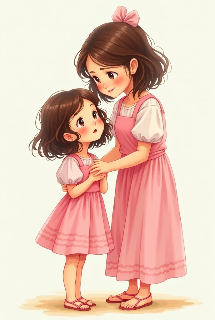 A drawing of a brunette girl with short, loose hair wearing a pink dress and a transparent background and her aunt