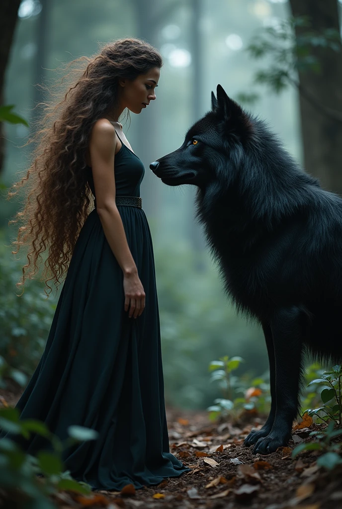 White woman with long curly brown hair with fierce black wolf