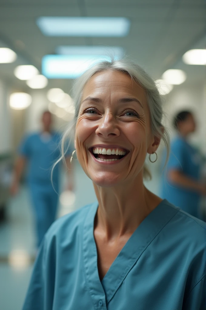 Patient is very happy with the hospital care and in the background the image of a hospital but the image of real people
