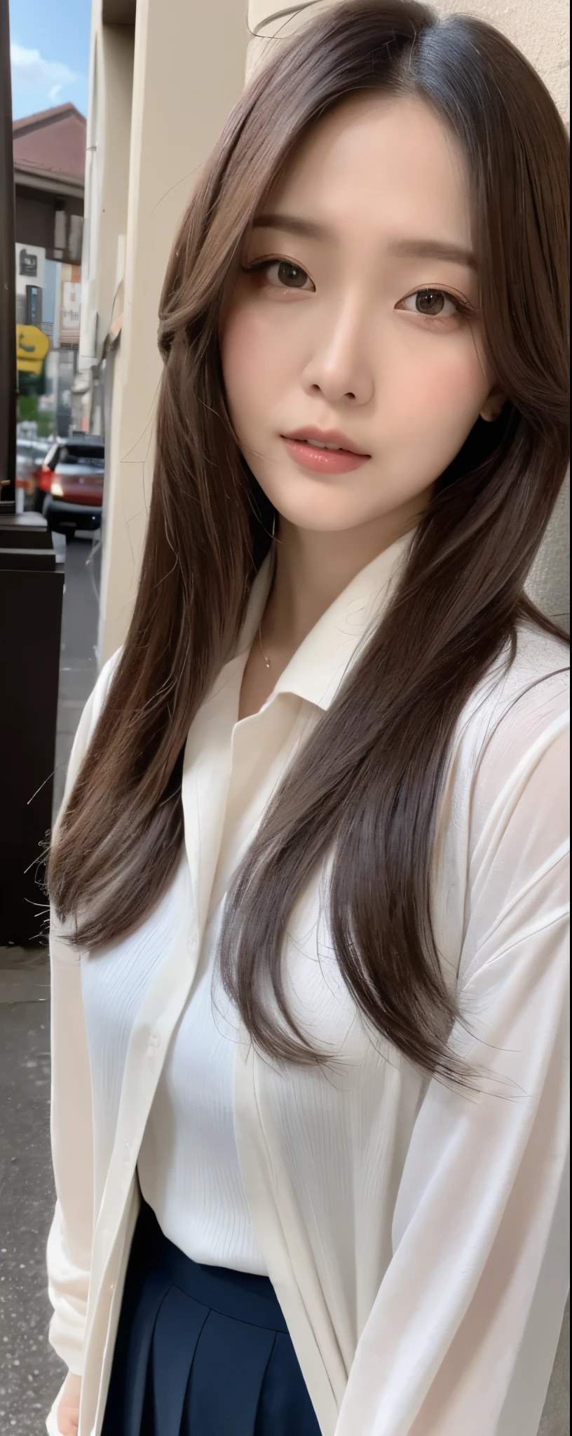 ((top-quality, 8K, ​masterpiece:1.3, single image)), sharp focus:1.2, Beautiful Women in Perfect Style:1.4, Slender Abs:1.2, wearing oversize sweat shirts:1.5, wide long skirt, ((dark brown hair:1.2)), (natural soft light, City Street:1.1, autum), Highly detailed facial and skin texture, A detailed eye, natural makeup:0.7, double eyelid, uniform, Female,ld
