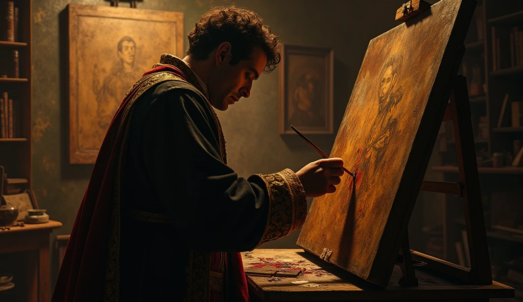 Caravaggio in a room painting his works Renaissance era